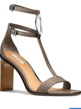 Coach Taupe T-Strap Block Heel Sandal with Silver Accent